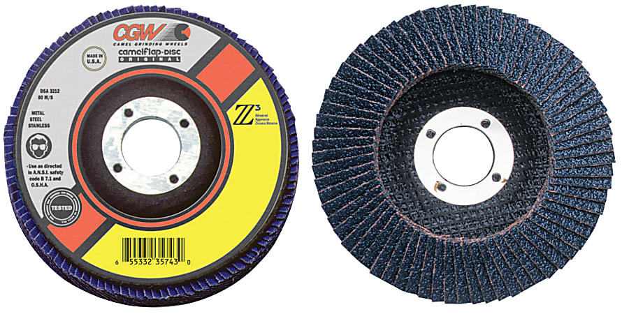 CGW Abrasives Flap Discs, Z3 -100% Zirconia, Regular, 6", 36 Grit, 7/8 Arbor, 10,200 rpm, T27