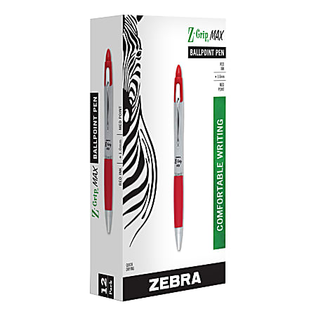 Zebra® Z-Grip™ Max Retractable Ballpoint Pens, Medium Point, 1.0 mm, Gray Barrel, Red Ink, Pack Of 12 Pens