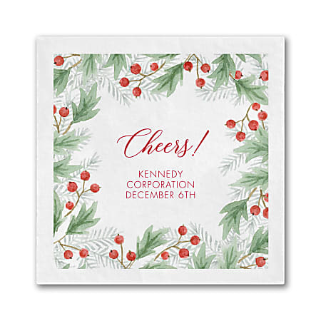 Custom Full-Color Printed Beverage Napkins, 4-3/4" x 4-3/4", Watercolor Holly And Berry Greenery, Box Of 100 Napkins
