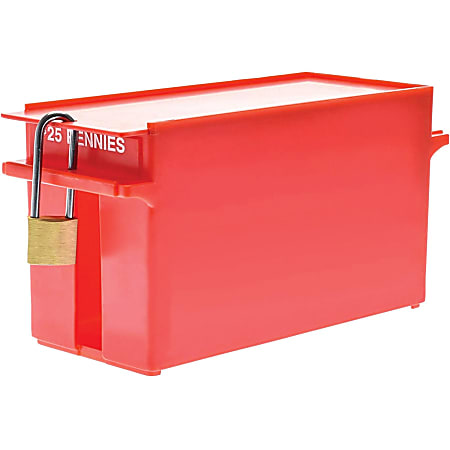 Nadex Coins AEX1-1016 Large Capacity Rolled Coin Storage Box (Pennies) - External Dimensions: 3.8" Length x 9.6" Width x 4.4" Height - 2500 x Coin - Padlock, Zipper Closure - Stackable - Red - For Coin, Transportation