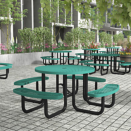 Flash Furniture Creekside Outdoor Round Picnic Table, Steel Frame, Ground Anchors, Green - SLFEMR46H60LGN