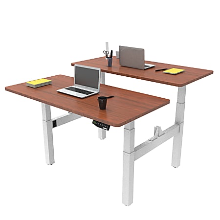 Loctek Height-Adjustable Dual Bench Desk, Mahogany/White