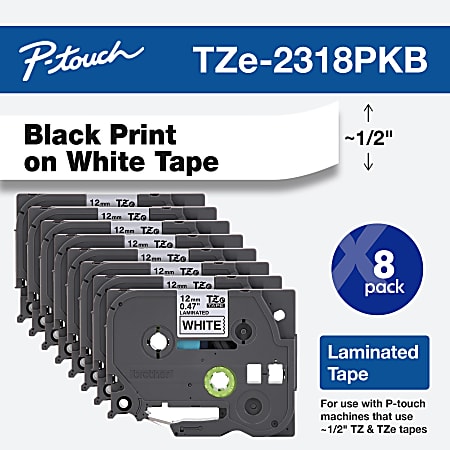 Brother® P-Touch Label Maker Tape, Black/White, Pack Of 8 Rolls