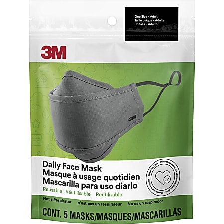 3M Daily Face Masks - Recommended for: Face, Indoor, Outdoor, Office, Transportation - Cotton, Fabric - Gray - Lightweight, Breathable, Adjustable, Elastic Loop, Nose Clip, Comfortable, Washable - 5 / Pack