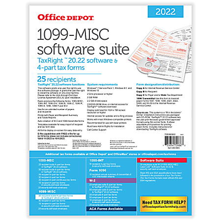 Office Depot Brand 1099 MISC Laser Tax Forms With Software 4 Part 2 Up