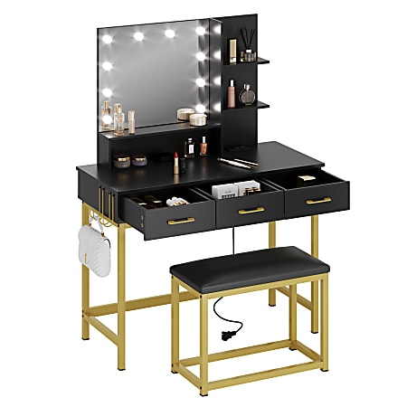 Bestier Vanity Desk Set With Cushioned Stool, 53-7/16”H x 39-3/8”W x 18-5/16”D, Black/Gold