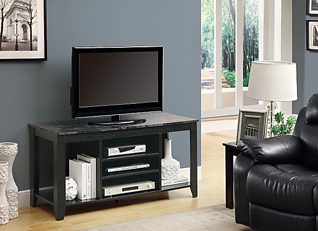 Monarch Specialties Marble-Look TV Stand For TVs Up To 48", 24"H x 48"W x 18"D, Black/Gray
