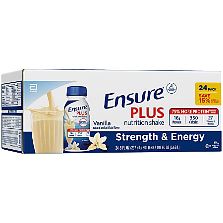 ENSURE PLUS Vanilla Meal Replacement Nutrition Shakes, 8 Oz, Pack Of 24 Bottles