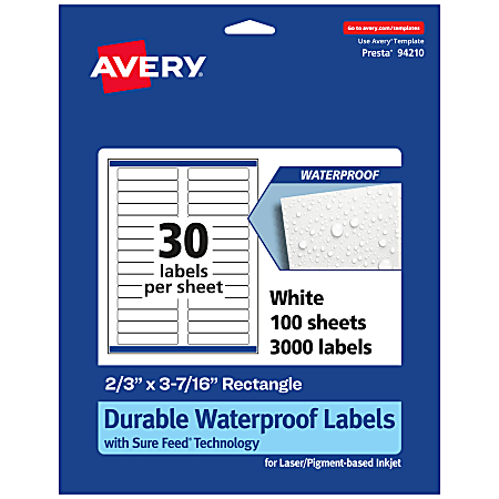 Avery® Waterproof Permanent Labels With Sure Feed®, 94210-WMF100, Rectangle, 2/3" x 3-7/16", White, Pack Of 3,000