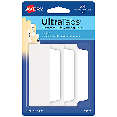 Avery UltraTabs 2-Sided Writable Tabs, 3" x 1.5", 24 Repositionable File Tabs, 2-Sided, White