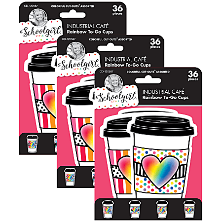 Carson Dellosa Education Cut-Outs, Schoolgirl Style Industrial Cafe Rainbow To-Go Cups, 36 Cut-Outs Per Pack, Set Of 3 Packs