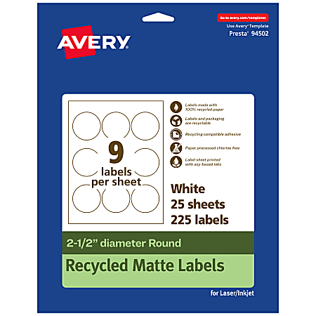 Avery® Recycled Paper Labels, 94502-EWMP25, Round, 2-1/2", White, Pack Of 225