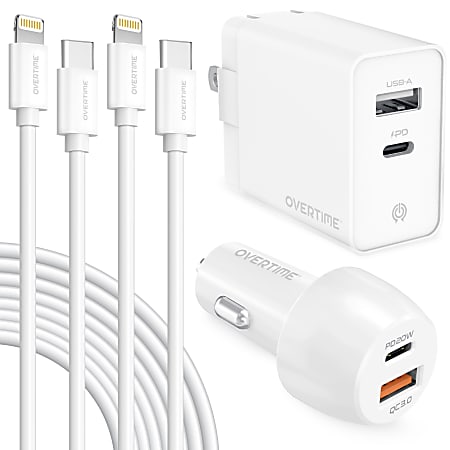 Overtime 4-Piece Wall And Car Charger Kit, 10', White
