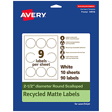 Avery® Recycled Paper Labels, 94516-EWMP10, Round Scalloped, 2-1/2", White, Pack Of 90
