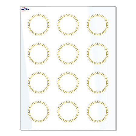 Avery® Print-To-The-Edge Labels & Sure Feed®, S00-D1D-PRWGP10, 2" Round, Glossy White, Preprinted Gold Border & Gold Dots Design, Pack Of 120