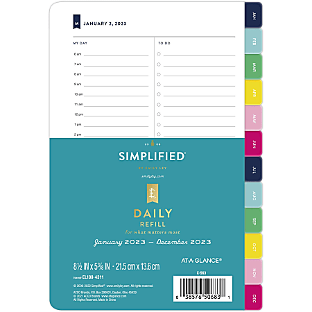 Simplified System by Emily Ley 2023 RY One Page Per Day Refill, Loose-Leaf, Desk Size, 5 1/2" x 8 1/2"