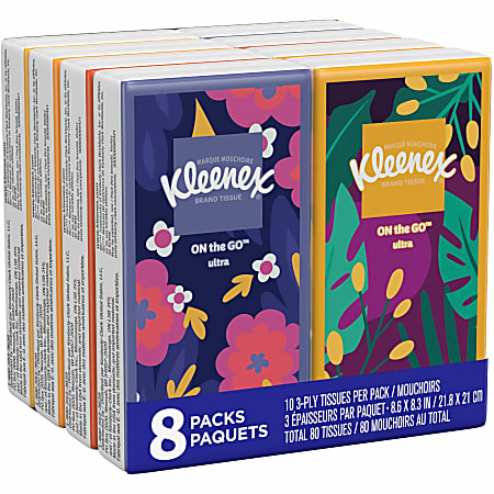 Kleenex® Go Packs Facial Tissues, 3 Ply, White, 8 Pouches Per Pack