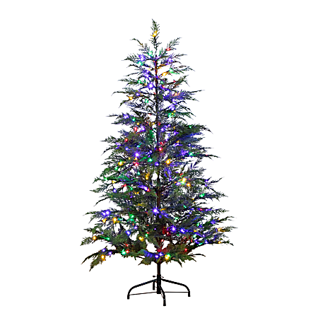 Nearly Natural 5’H Pre-Lit Artificial Park City Pine Christmas Tree With 200 Multicolored LED Dewdrop Lights, 60”H x 36”W x 36”D, Green