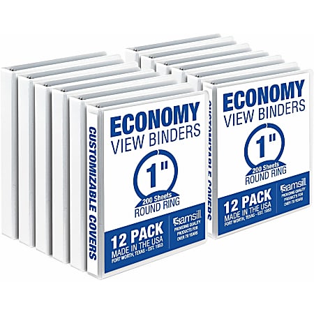 Samsill 3-Ring Economy Binders, 1” Round Rings, White, 100% Recycled, Set Of 12 Binders