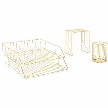 U Brands® Metal Desk Organization Kit, Vena Collection, Cup, Sort and 2 Trays Included, Gold (3940U00-01) - Desktop - Gold - Metal - 1 Set Each