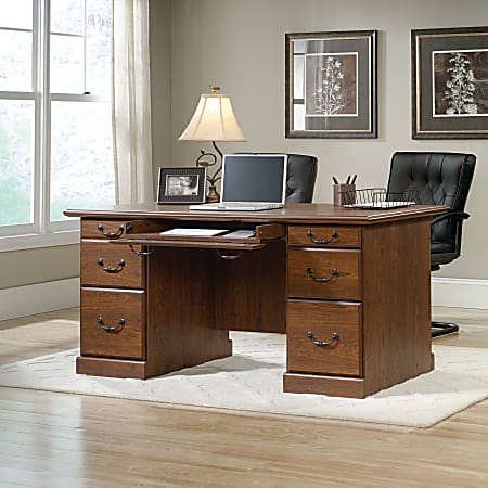 Sauder orchard hills computer desk with hutch in milled cherry hot sale