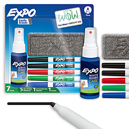 EXPO® Low-Odor Dry-Erase Starter Kit, Fine-Point, 5 Markers, Black (2), Red, Blue, Green