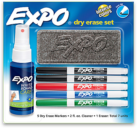 EXPO2® Low-Odor Dry-Erase Starter Kit, Fine-Point, 5 Markers, Black (2), Red, Blue, Green