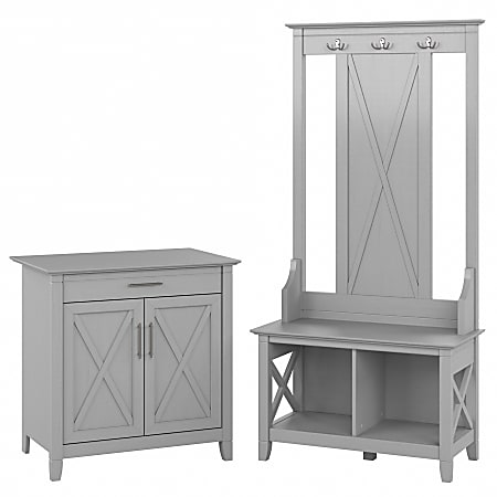 Bush® Furniture Key West Entryway Storage Set With Hall Tree, Shoe Bench And Armoire Cabinet, Cape Cod Gray, Standard Delivery