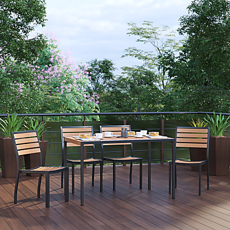 Flash Furniture Lark 5-Piece Patio Table Set With 4 Stackable Chairs, Teak