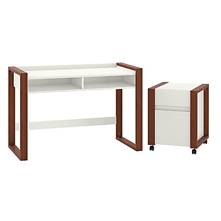 kathy ireland® Home by Bush Furniture Voss 48"W Writing Desk With 2-Drawer Mobile File Cabinet, Cotton White/Serene Cherry, Standard Delivery