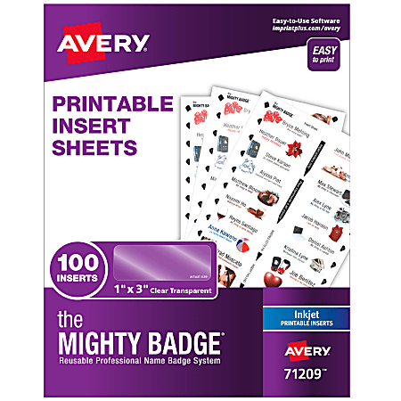 Avery® The Mighty Badge Inserts For Inkjet Printers, 1" x 3", Clear, Pack Of 100 Inserts