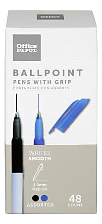 Office Depot® Brand Grip Ballpoint Pens, Medium Point, 1.0 mm, White Barrel, Black/Blue Ink, Pack Of 48 Pens