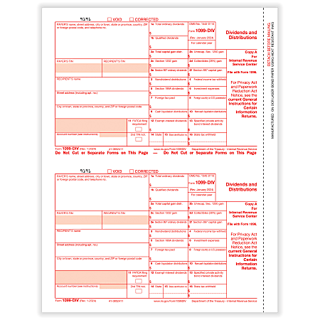 ComplyRight® 1099-DIV Tax Forms, 2-Up, Federal Copy A, Laser, 8-1/2" x 11", Pack Of 50 Forms