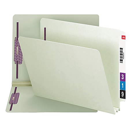 Smead® Pressboard End-Tab Folders With SafeSHIELD Fastener, Straight Cut, 2" Expansion, Letter Size, Gray/Green, Pack Of 25