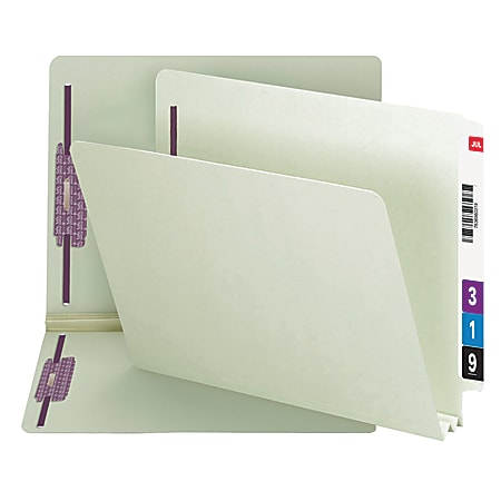 Smead&reg; Pressboard End-Tab Folders With SafeSHIELD Fastener, Straight Cut, 2" Expansion, Letter Size, Gray/Green, Pack Of 25