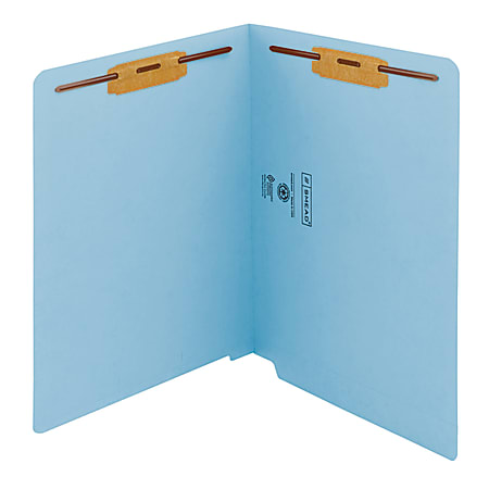 Smead® Color End-Tab Folders With Fasteners, Straight Cut, Letter Size, Blue, Pack Of 50