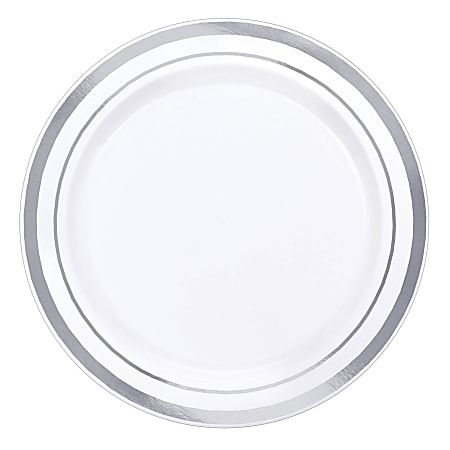 Amscan Trimmed Premium Plastic Plates, 6-1/4", White/Silver, Pack Of 40 Plates