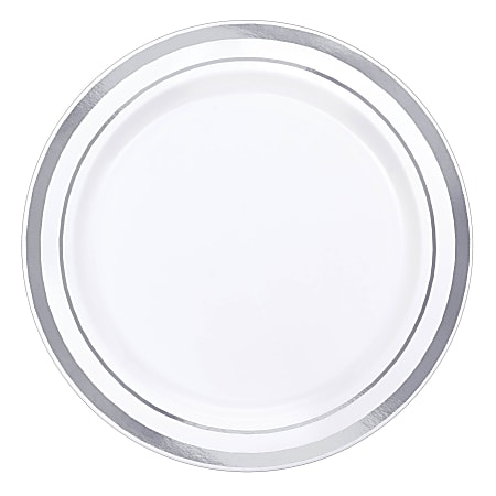 Amscan Trimmed Premium Plastic Plates, 6-1/4", White/Silver,
