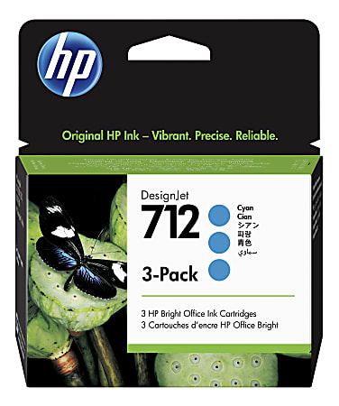 HP 712 DesignJet High-Yield Cyan Ink Cartridges, Pack Of 3, 3ED67A