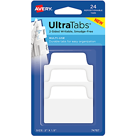 Avery® Ultra Tabs Repositionable Multi-Use Tabs - 24 Tab(s) - 8 Tab(s)/Set - Clear Film, White Paper Tab(s) - 3