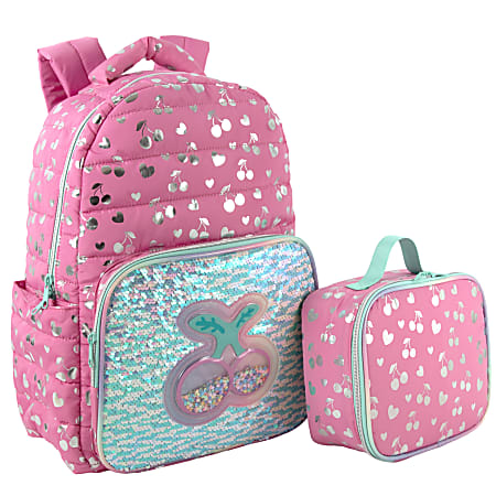 Trailmaker Holographic Quilted Cherry Printed Backpack With Insulated Lunch Bag, Pink