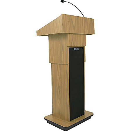 AmpliVox S505A - Executive Adjustable Column Sound Lectern - Rectangle Top - Sculpted Base - 25" Table Top Width x 19" Table Top Depth - 45" Height - Assembly Required - High Pressure Laminate (HPL), Oak, Wood - Particleboard