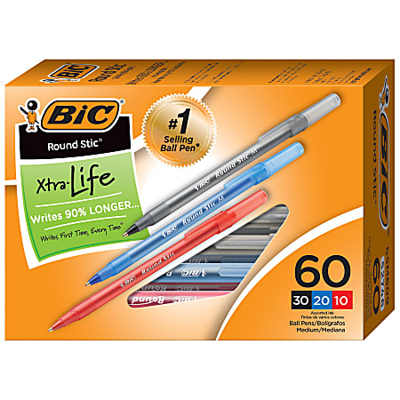 BIC Round Xtra Life Medium Point 1.0 Assorted Colors Pack Of 60 Pens - Office Depot