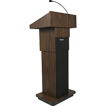 AmpliVox S505A - Executive Adjustable Column Sound Lectern - Rectangle Top - Sculpted Base - 25" Table Top Width x 19" Table Top Depth - 45" Height - High Pressure Laminate (HPL), Walnut, Wood - Particleboard