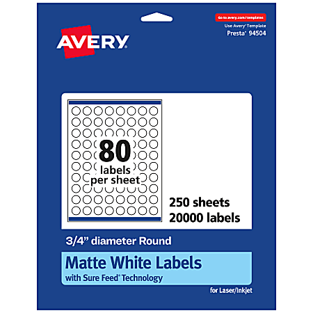 Avery® Permanent Labels With Sure Feed®, 94504-WMP250, Round, 3/4" Diameter, White, Pack Of 20,000