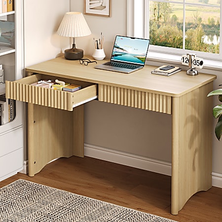 Bestier 47"W Fluted Computer Writing Desk with 2 Drawers for Home Office, Natural Oak