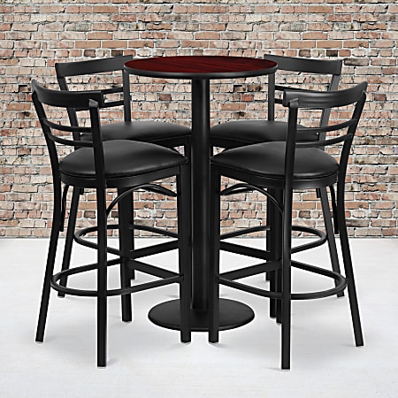 Flash Furniture Round Laminate Table Set With Round Base And Four 2-Slat Ladder-Back Metal Barstools, 42"H x 24"W x 24"D, Mahogany/Black