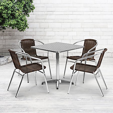 Flash Furniture Lila Square Aluminum Indoor-Outdoor Table With 4 Chairs, 27-1/2"H x 27-1/2"W x 27-1/2"D, Dark Brown, Set Of 5