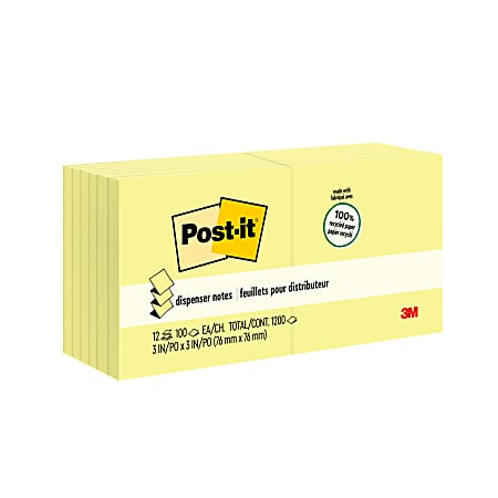 Post-it Greener Pop Up Notes, 3 in x 3 in, 12 Pads, 100 Sheets/Pad, Clean Removal, Canary Yellow