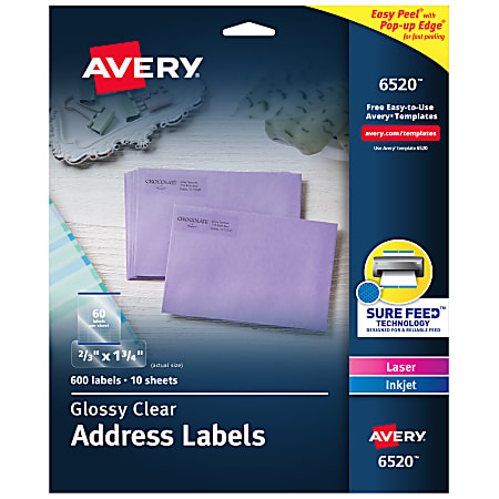 Avery® Glossy Address Labels With Sure Feed® Technology, 6520, Rectangle, 2/3" x 1-3/4", Clear, Pack Of 600